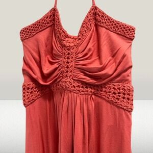 Sky Women's Crochet Coral Orange Halter Tie Neck Top NEW Medium‎
